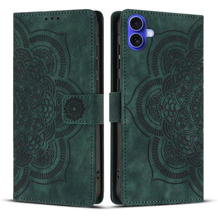 Mandala Embossed Leather Phone Case For Everyday Protection in green PU leather wallet style with TPU inner frame and embossed mandala design