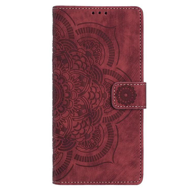 Mandala Embossed Leather Case For Daily Phone Essentials - burgundy folio with mandala pattern, card slots and magnetic strap