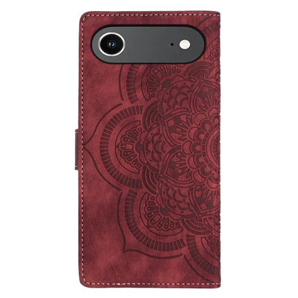 Mandala Embossed Leather Case For Daily Phone Essentials - burgundy mandala wallet case with card slots and camera cutout