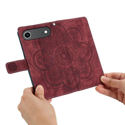 Mandala Embossed Leather Case For Daily Phone Essentials - burgundy mandala wallet phone case with card slots, TPU and PU leather protection