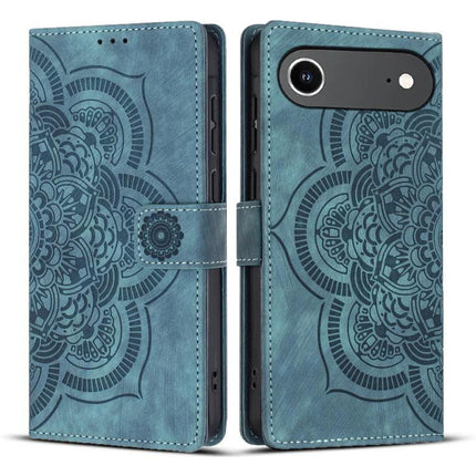 Mandala Embossed Leather Case For Daily Phone Essentials - teal folio case with mandala pattern, card slots and magnetic closure