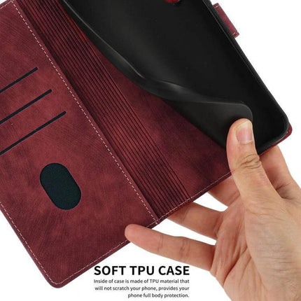 Mandala Embossed Retro Frosted Leather Phone Case With Card Slot showing burgundy frosted PU leather, built-in card slots and TPU inner shell