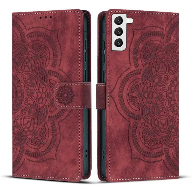 Coque de téléphone en cuir dépoli rétro avec motif mandala en relief et fente pour cartes
