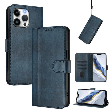 Leather Phone Case With Card Storage For Everyday Carry in navy blue PU leather wallet style with wrist strap and stand feature