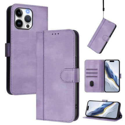 Essential Leather Phone Case for Everyday Carry in lavender PU leather wallet folio with card slots, magnetic closure and detachable wrist strap