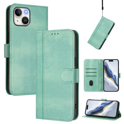 Retro Leather Wallet Phone Case With Card Slots in mint green showing card slots, kickstand, wrist strap and camera access