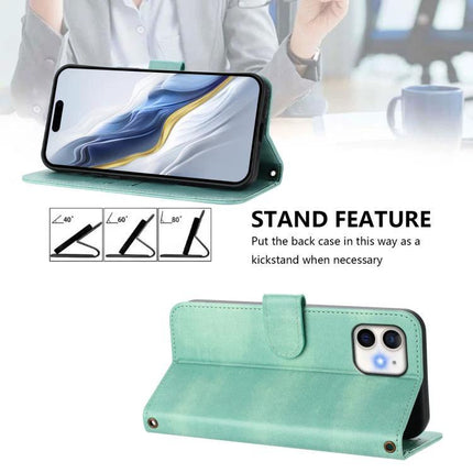 Retro Leather Phone Case With Card Storage in mint green wallet style with kickstand, wrist strap and camera cutout