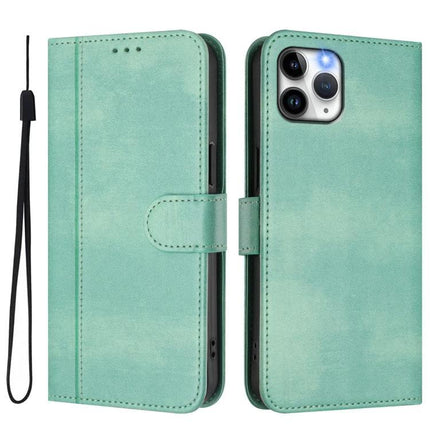 Retro Leather Phone Case Card Holder in mint green wallet style with card slots, wrist strap, and camera cutout for slim everyday protection