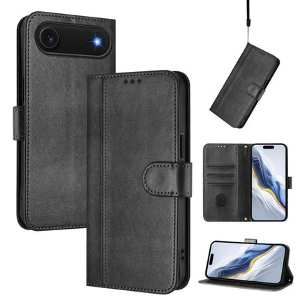 Leather Phone Case With Card Storage For Everyday Carry - black PU leather wallet case with card slots, magnetic clasp, stand and lanyard