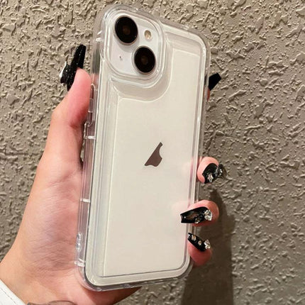 Protective Phone Case For Everyday Handling clear TPU full-body case shown on white iPhone held in hand, impact-resistant travel protection