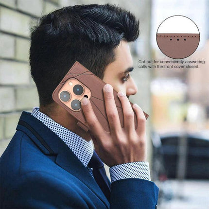 Leather Phone Case With Card Slots For Everyday Use shown in brown PU leather on a commuter answering a call, holding cards and cash securely