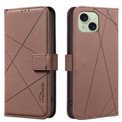Geometric Pattern Leather Wallet Case For Everyday Carry slim brown PU leather wallet phone case with geometric stitched pattern and card slots