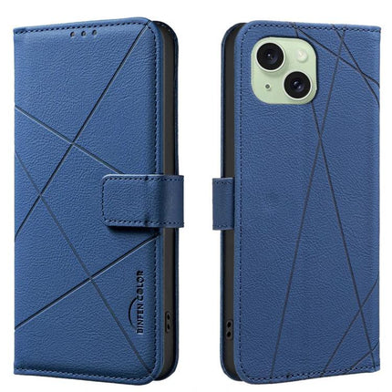 Geometric Pattern Leather Wallet Case For Everyday Carry blue PU leather wallet phone case with geometric stitching and card pocket
