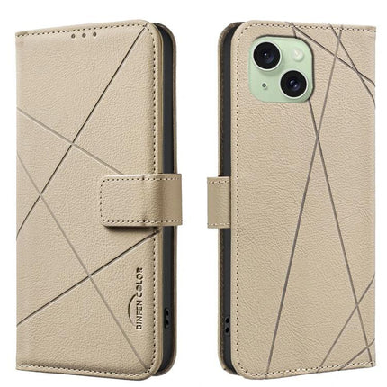 Geometric Pattern Leather Wallet Case For Everyday Carry beige PU leather folio phone wallet with card slots and magnetic closure
