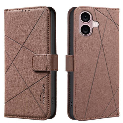 Geometric Pattern Leather Wallet Case For Everyday Carry - brown PU leather phone wallet with diagonal geometric stitching and card slot
