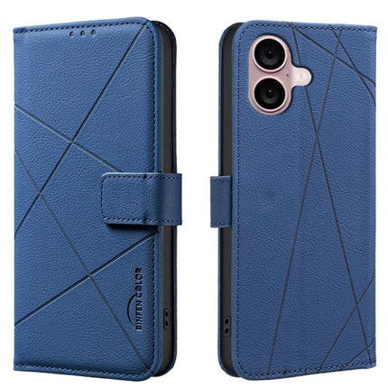 Geometric Pattern Leather Wallet Case For Everyday Carry - blue PU leather phone wallet with diagonal stitched lines and card slots