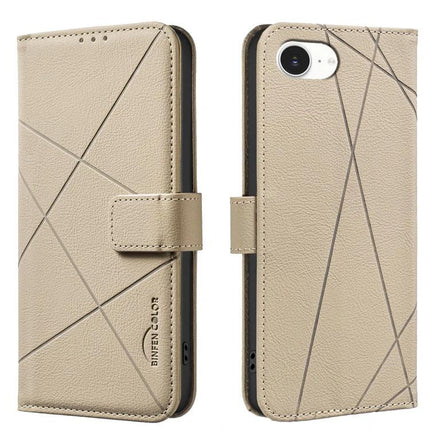 Geometric Leather Phone Case For Everyday Protection – beige genuine leather wallet phone case with modern geometric stitch lines and magnetic clasp