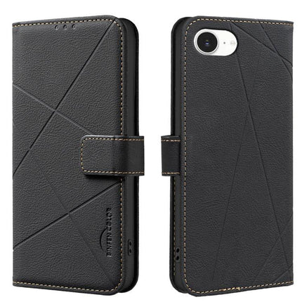 Geometric Leather Phone Case For Everyday Protection in black genuine leather with stitched geometric pattern and magnetic wallet flap