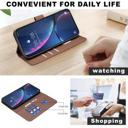 Phone Case With Card Holder For Everyday Errands shown in brown PU leather wallet style with 3 card slots, cash pocket and stand for watching or shopping