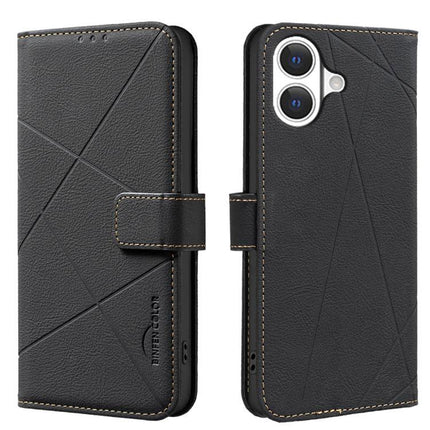 Geometric Leather Phone Case For Everyday Protection - black genuine leather wallet-style phone cover with geometric stitching and magnetic clasp