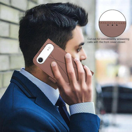 Leather Phone Case With Card And Cash Storage shown in brown PU leather with three card slots and cash pocket, man holding phone while on a call