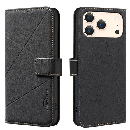 Geometric Leather Phone Case For Everyday Protection in black genuine leather wallet case with stitched edges and magnetic clasp