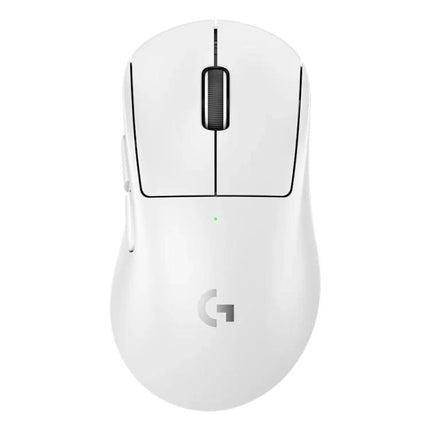 Logitech G Pro X Superlight 2 DEX Wireless Gaming Mouse in white, top view showing scroll wheel, side buttons and G logo
