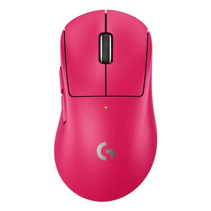 Logitech G Pro X Superlight 2 DEX Wireless Gaming Mouse in pink, top view showing scroll wheel, side buttons, and G logo