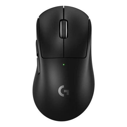 Logitech G Pro X Superlight 2 DEX Wireless Gaming Mouse sleek black top view showing scroll wheel, side buttons and illuminated logo