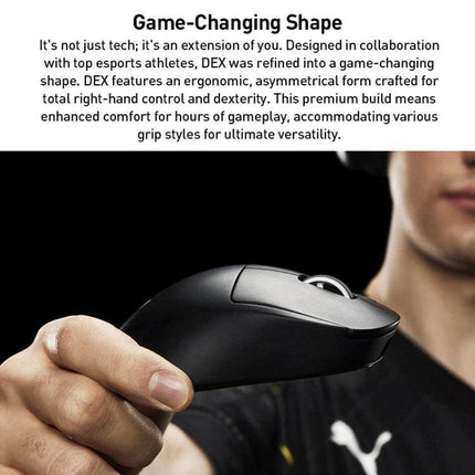 Logitech G Pro X Superlight 2 DEX Wireless Gaming Mouse held to show ergonomic asymmetrical right-hand shape for esports precision and comfort