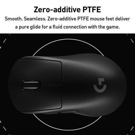 Logitech G Pro X Superlight 2 DEX Wireless Gaming Mouse showing top view with zero-additive PTFE feet for smooth glide and precise esports tracking