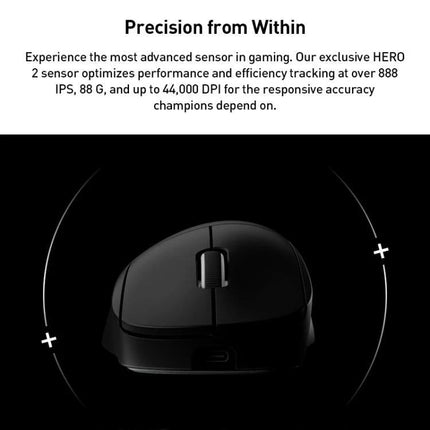 Logitech G Pro X Superlight 2 DEX Wireless Gaming Mouse shown front-on with HERO 2 sensor specs and precision-focused lighting