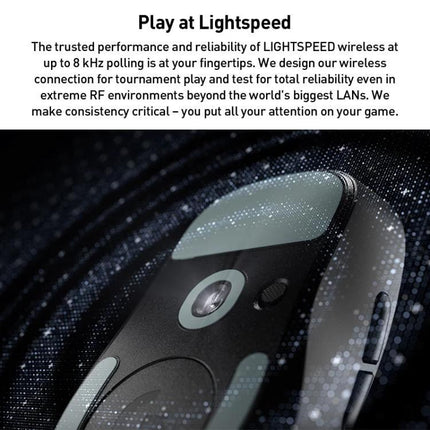 Logitech G Pro X Superlight 2 DEX Wireless Gaming Mouse showing underside sensor and gliding feet, highlighting LIGHTSPEED wireless performance