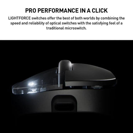 Logitech G Pro X Superlight 2 DEX Wireless Gaming Mouse side view highlighting Lightforce switches and ultra-light design for pro performance