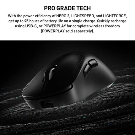 Logitech G Pro X Superlight 2 DEX Wireless Gaming Mouse shown in black with ergonomic shell, low profile buttons, USB-C port and pro-grade tech features