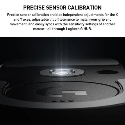 Logitech G Pro X Superlight 2 DEX Wireless Gaming Mouse underside close-up showing precise sensor calibration and adjustable lift-off feature