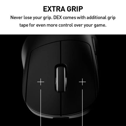 Logitech G Pro X Superlight 2 DEX Wireless Gaming Mouse showing top view, scroll wheel and extra grip tape for improved control