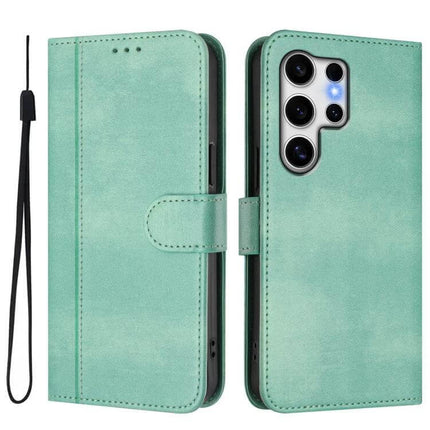Line Splicing Buckle Retro Leather Phone Case Wallet Slots in mint green with TPU corners, card slots and wrist strap