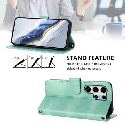 Line Splicing Buckle Retro Leather Phone Case Wallet Slots in mint green showing kickstand and card wallet slots
