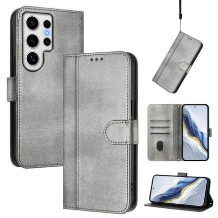 Line Splicing Buckle Retro Leather Phone Case Wallet Slots gray PU leather wallet case with TPU corners, card slots and magnetic buckle