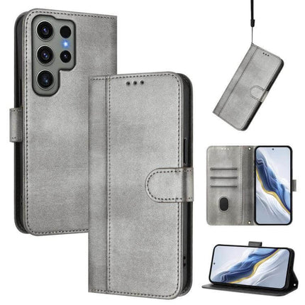 Line Splicing Buckle Leather Wallet Case For Galaxy Series in gray PU leather with card slots, magnetic buckle, and kickstand
