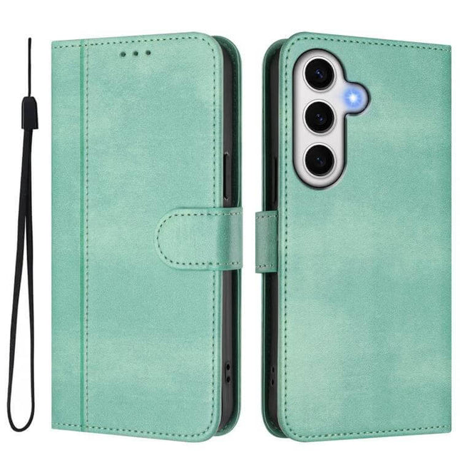 Line Splicing Buckle Leather Wallet Case For Galaxy Series mint green folio phone case with card slots and wrist strap