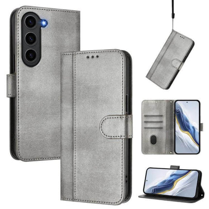 Line Splicing Buckle Retro Leather Wallet Phone Case in grey with card slots, magnetic clasp, wrist strap and kickstand for everyday protection