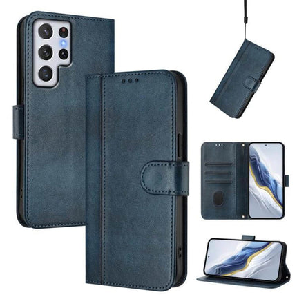 Line Splicing Buckle Retro Leather Wallet Phone Case in blue TPU and PU leather showing card slots, magnetic buckle, wrist strap and stand function