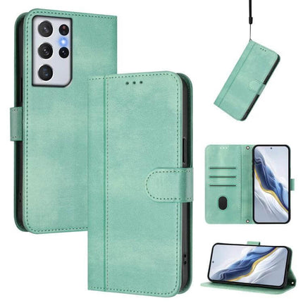 Line Splicing Buckle Retro Leather Phone Case Wallet For Galaxy S21 in mint green with card slots, kickstand and wrist strap