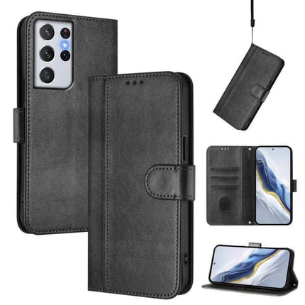 Line Splicing Buckle Retro Leather Phone Case Wallet For Galaxy S21 black folio wallet with card slots kickstand and wrist strap