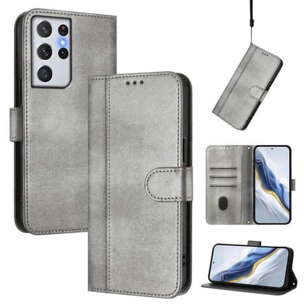 Line Splicing Buckle Retro Leather Phone Case Wallet For Galaxy S21 in Gray with Card Slots, Kickstand and Wrist Strap, Faux Leather Wallet Case