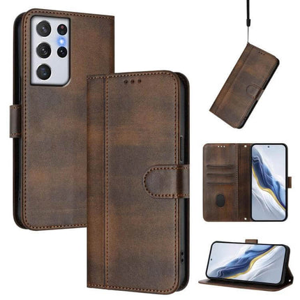 Line Splicing Buckle Retro Leather Phone Case Wallet For Galaxy S21 brown retro wallet case with kickstand and card slots
