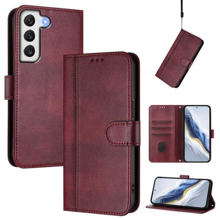 Line Splicing Buckle Retro Leather Phone Case Wallet For Galaxy S21 in burgundy with card slots, kickstand and TPU frame