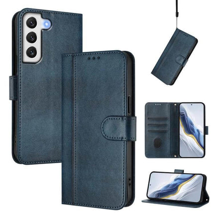 Line Splicing Buckle Retro Leather Phone Case Wallet For Galaxy S21 in blue with card slots, kickstand and wrist strap